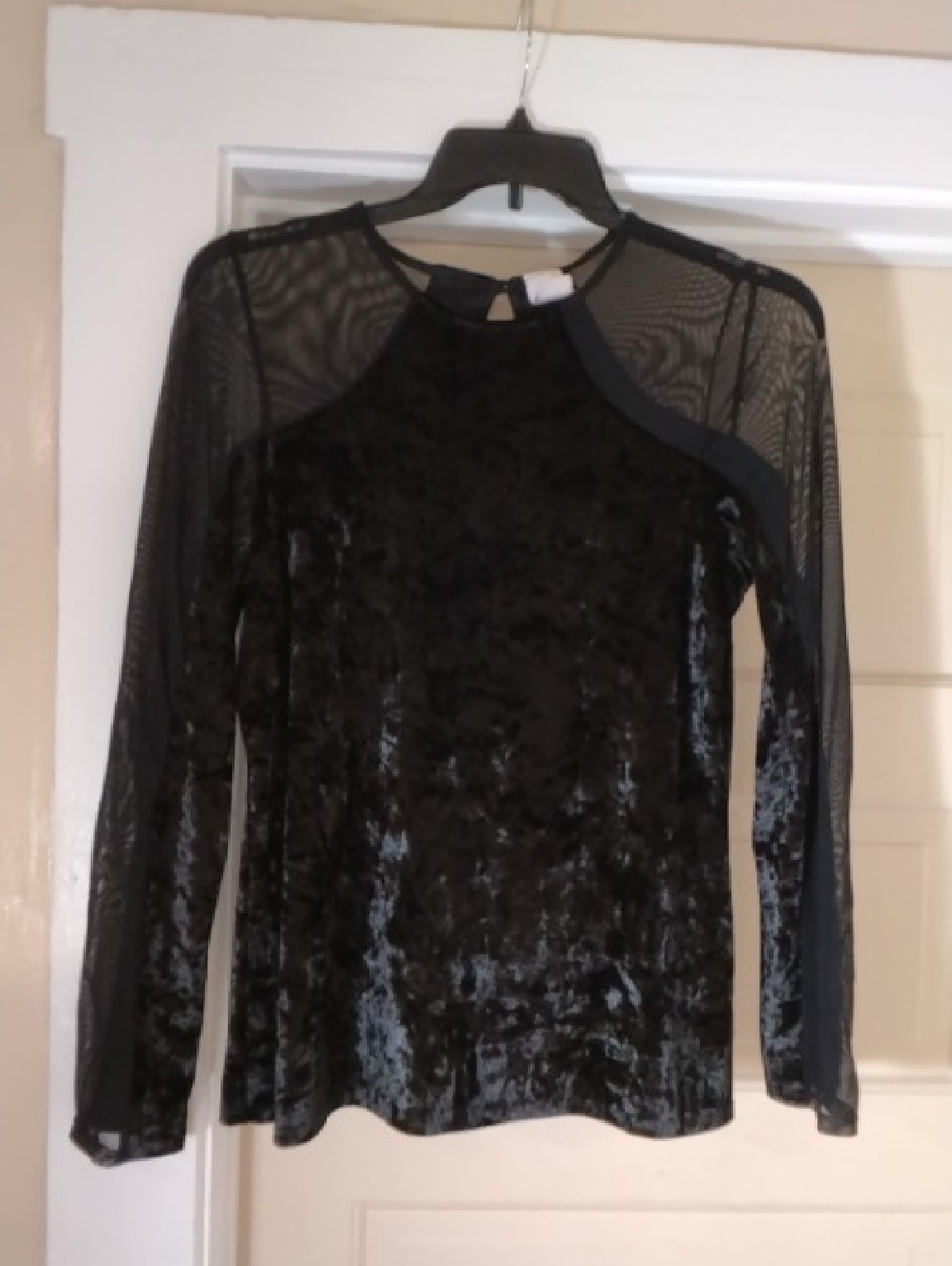 Libian Black Velvet Top with Sheer Mesh Yoke
